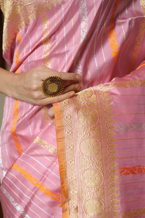 Baby Pink Katan Pure Silk Saree - Panaya 