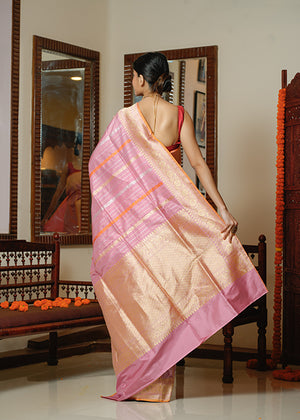 Peach Katan Silk Saree — Kadwa Stripe