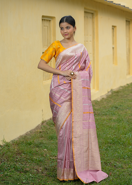 Light Pink Katan Silk Saree — Kadwa Stripe