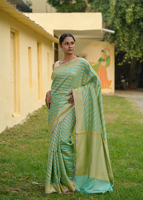 Light Green Katan Silk Saree — Cut Work Aada