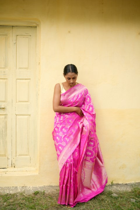 Rani Pink Katan Pure Silk Cutwork Saree