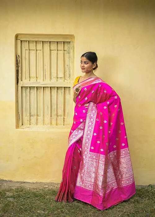 Rani Pink Katan Silk Saree — Kadwa