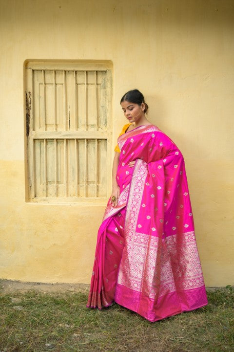 Rani Pink Katan Pure Silk Kadwa Saree