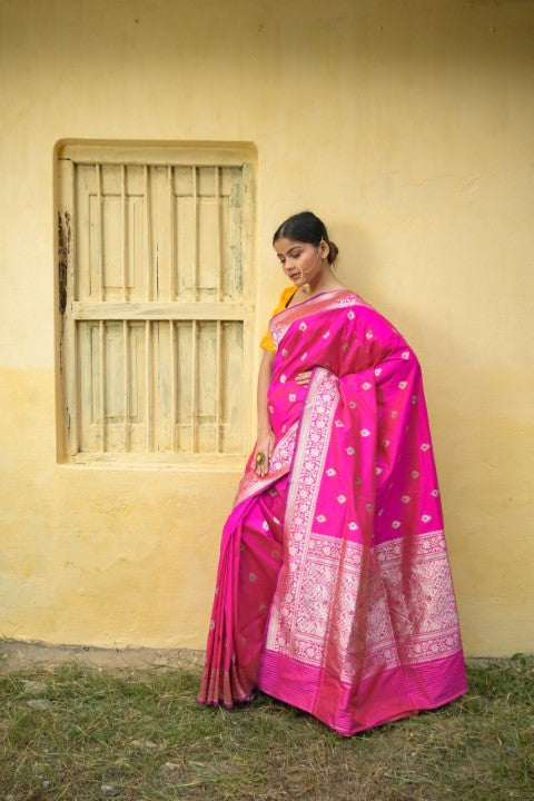 Rani Pink Katan Pure Silk Kadwa Saree - Panaya 