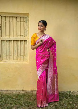 Rani Pink Katan Silk Saree — Kadwa
