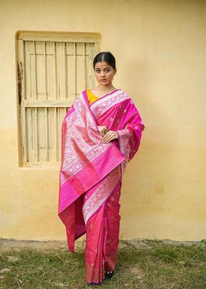 Rani Pink Katan Silk Saree — Kadwa