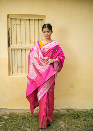 Rani Pink Katan Silk Saree — Kadwa Meena Booti