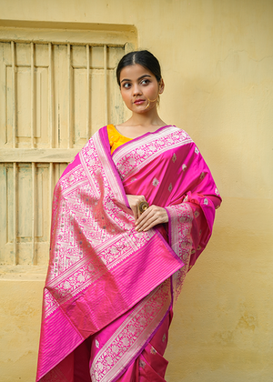 Rani Pink Katan Silk Saree — Kadwa Meena Booti