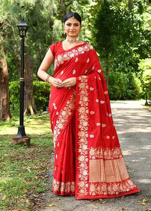 Red Katan Silk Saree — Kadwa Booti