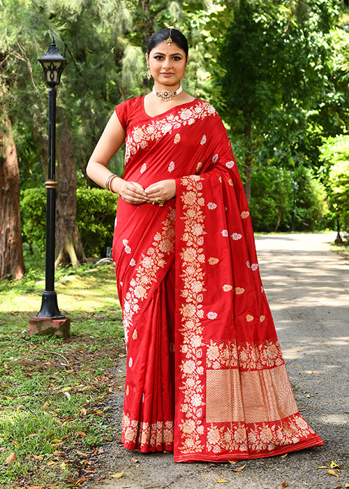 Red Katan Silk Saree — Kadwa Booti
