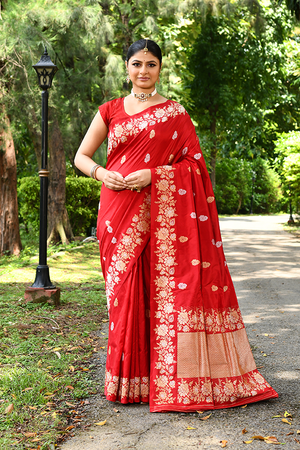 Red Katan Silk Saree — Kadwa Flower Booti