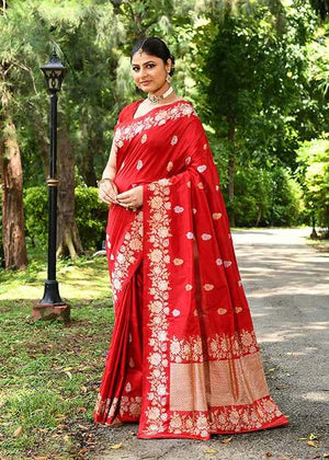 Red Katan Silk Saree — Kadwa Booti