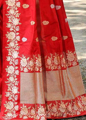 Red Katan Silk Saree — Kadwa Booti