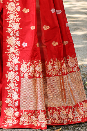 Red Katan Silk Saree — Kadwa Flower Booti