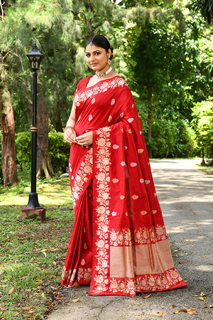 Red Katan Silk Saree — Kadwa Flower Booti