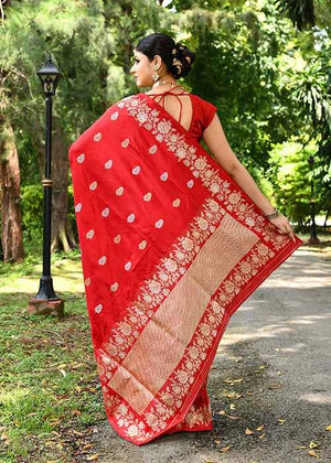 Red Katan Silk Saree — Kadwa Booti