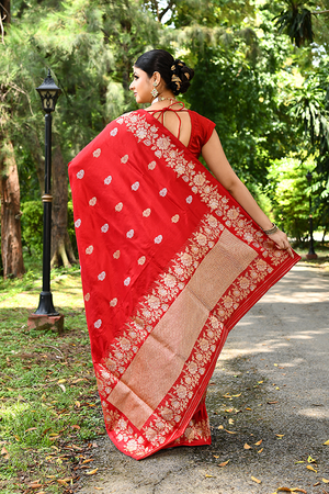 Red Katan Silk Saree — Kadwa Flower Booti