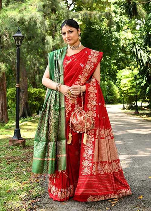 Red Katan Silk Saree — Kadwa Booti