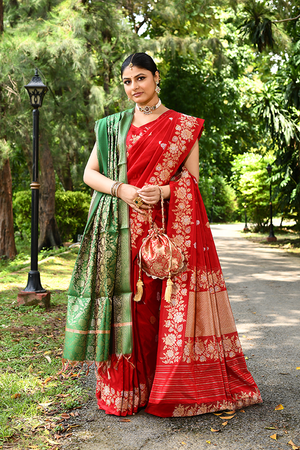Red Katan Silk Saree — Kadwa Flower Booti