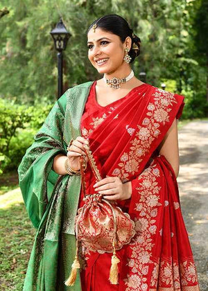 Red Katan Silk Saree — Kadwa Booti