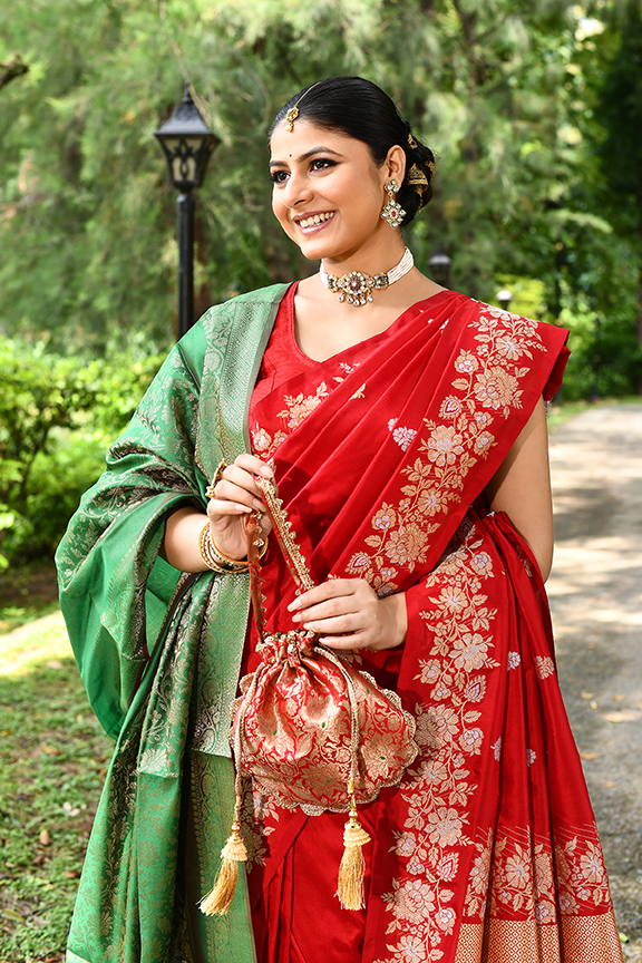 Red Katan Silk Saree — Kadwa Flower Booti