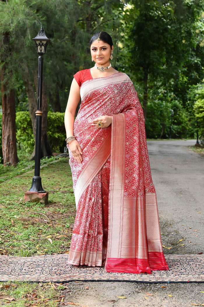Red Katan Silk Saree with Kadwa Jaal weave