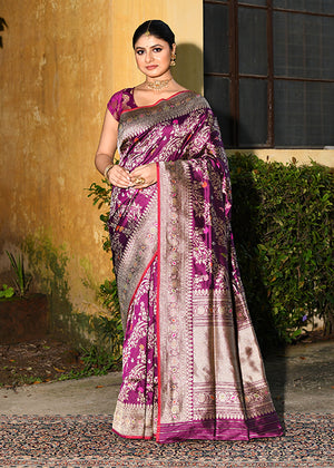 Wine Katan Silk Saree — Kadwa Booti