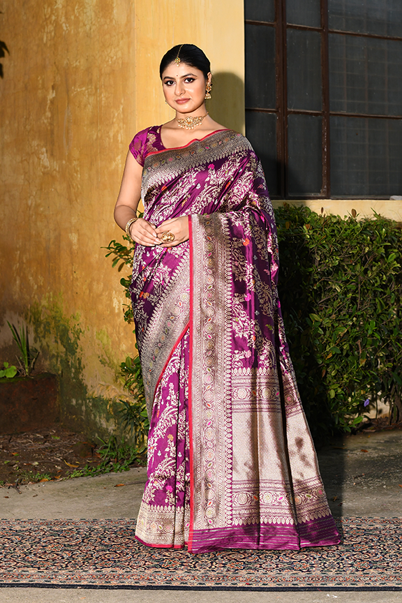 Wine Katan Silk Saree — Kadwa Aada Jaal