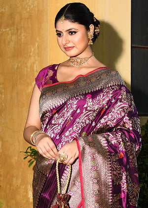 Wine Katan Silk Saree — Kadwa Booti