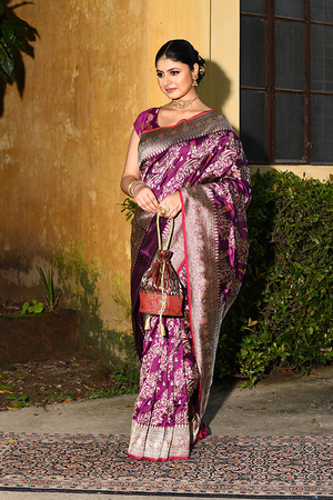Wine Katan Silk Saree — Kadwa Aada Jaal