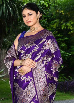 Dark Purple Katan Silk Saree — Kadwa Meena Jaal