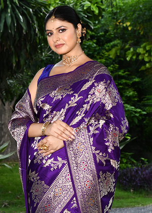 Dark Purple Katan Mulberry Silk Saree — Kadwa Meena Jaal