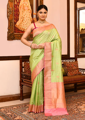 Lemon Pink Katan Silk Saree — Kadwa Booti