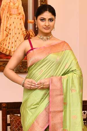 Lemon Pink Katan Silk Saree — Kadwa Boota