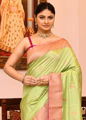 Lemon Pink Katan Silk Saree — Kadwa Booti