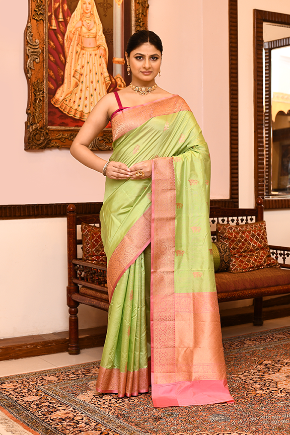 Lemon Pink Katan Silk Saree — Kadwa Boota