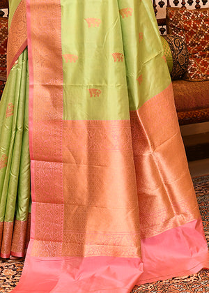 Lemon Pink Katan Silk Saree — Kadwa Booti