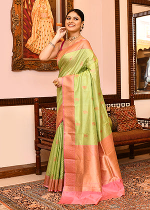 Lemon Pink Katan Silk Saree — Kadwa Booti