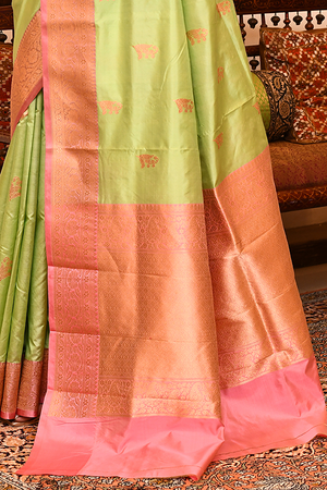 Lemon Pink Katan Silk Saree — Kadwa Boota
