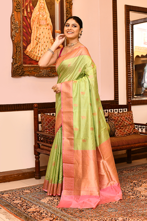 Lemon Pink Katan Silk Saree — Kadwa Boota