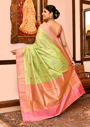 Lemon Pink Katan Silk Saree — Kadwa Booti