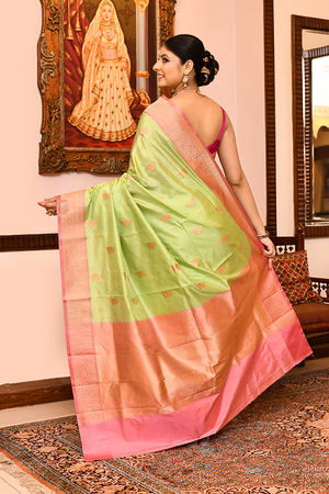Lemon Pink Katan Silk Saree — Kadwa Boota
