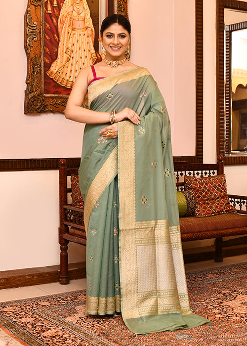 Powder Green Kora Silk Saree — Kadwa Flower Booti