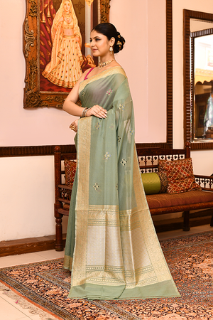 Powder Green Kora Silk Saree — Kadwa Flower Booti
