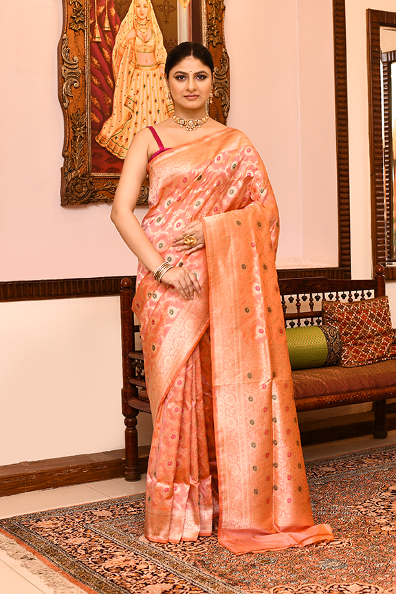 Peach Katan Silk Saree — Cut Work Meena Jaal