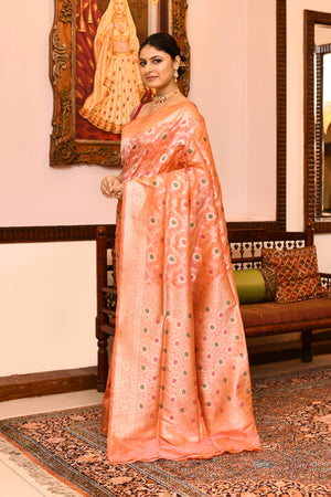 Peach Katan Silk Saree — Cut Work Booti