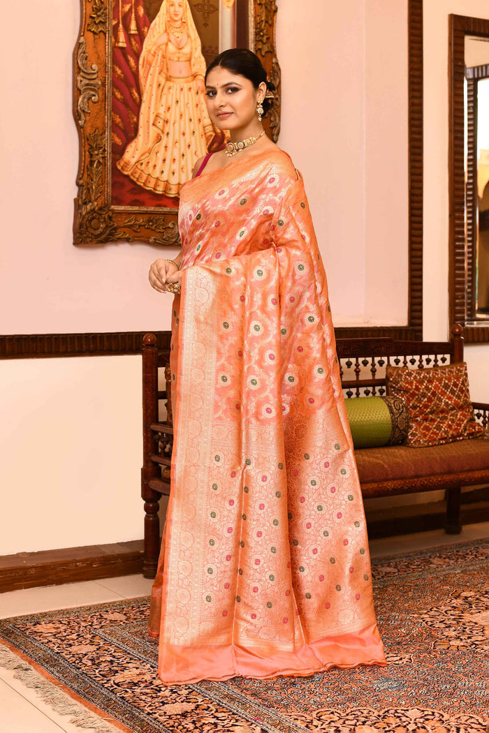 Peach Katan Silk Saree with Cut Work Meena Jaal weave