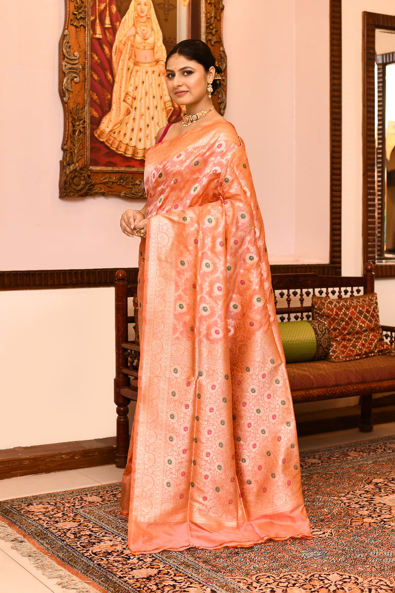 Peach Katan Silk Saree — Cut Work Booti