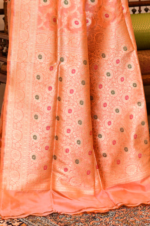 Peach Katan Silk Saree — Cut Work Booti
