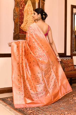 Peach Katan Silk Saree — Cut Work Booti